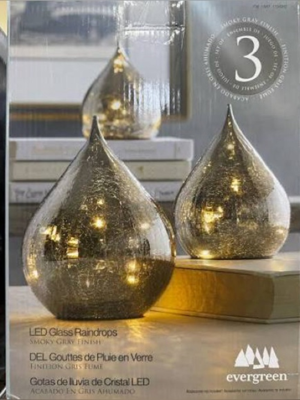 Evergreen LED Glass Raindrop Set - Smoky Gray. New in box